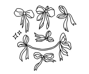 Vintage romantic hand drawn gift ribbons and bows line art illustration elements for decoration