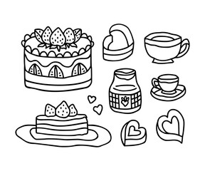 Vintage romantic hand drawn strawberry cake, love, sweet jam, tea cups, coffee line art illustration elements