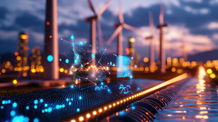 Futuristic wind power plant with digital overlays showcasing renewable energy technology and innovation. scene captures vibrant sunset atmosphere