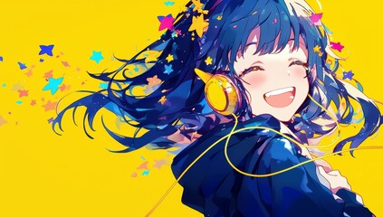 Naklejka premium Joyful young girl with headphones enjoying music against bright yellow background filled with colorful stars and playful elements