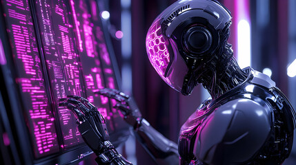 Naklejka premium Futuristic Robot with Neon Purple Visualization