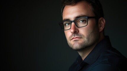 Fototapeta premium A man wearing glasses is looking at the camera. Generative AI