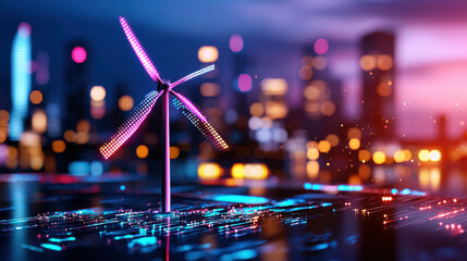 Naklejka premium futuristic wind power plant with digital overlays, showcasing vibrant colors against city skyline at night. scene conveys innovation and sustainability