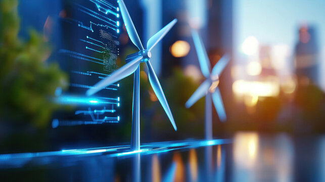 Futuristic wind power plant with digital overlays showcasing renewable energy technology and urban landscape. scene reflects innovation and sustainability in energy production