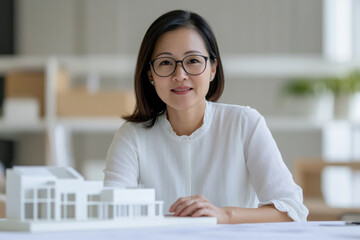 Asian Female Architect Reviewing Architectural Model in Office