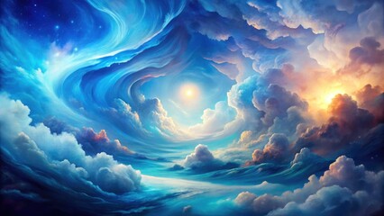 Fototapeta premium Celestial blue watercolor dreamscape: abstract fantasy art, magical, ethereal, surreal.