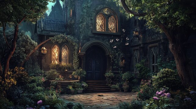 A generative, dramatic gothic scene with an old wizard's dark interior yard hall, evoking mystery and witchcraft, creates a fantasy background for exploring world of wizardry and magic