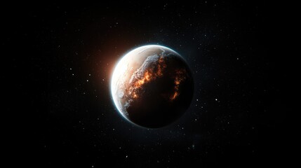 Fototapeta premium Burning planet with molten lava surfaces glows against the dark expanse of outer space filled with distant stars.