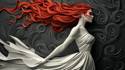 Elegant woman with flowing red hair and white dress against a dark, swirling background.