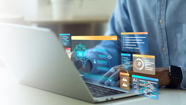  AI technology, artificial intelligence. Men use AI as part of their work helping to create and analyze various data and helping to plan work with AI functions. Futuristic technology transformation.