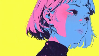 Fototapeta premium Abstract portrait of a young woman with vibrant colors and a unique artistic style on a bright yellow background emphasizing beauty and creativity