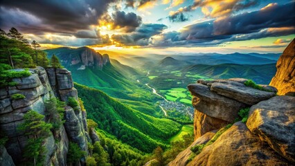 Obraz premium Cliffside urban exploration captures a breathtaking panoramic view of the mountain valley below.