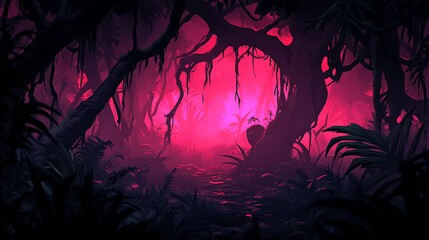 Mysterious jungle with vibrant pink glow