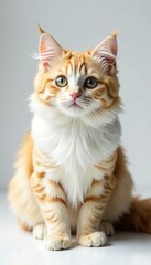 Adorable orange and white cat with bright eyes sitting on a light background.