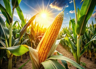 Drone captures a vibrant yellow cornfield, a single ear highlighted amidst rows, showcasing autumnal harvest.