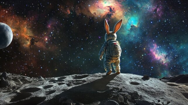 A whimsical rabbit in a spacesuit hopping across the moon's cratered surface under a galaxy filled with colorful nebulae. - Powered by Adobe