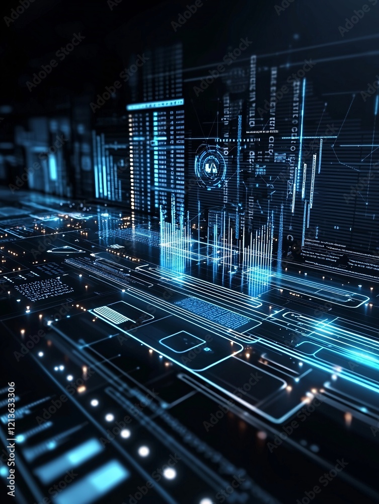 Poster innovative it data analysis process, analytical charts and graphs, ai-powered tech systems, machine 