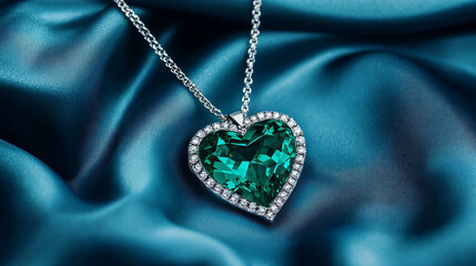 Emerald heart pendant necklace on teal silk.