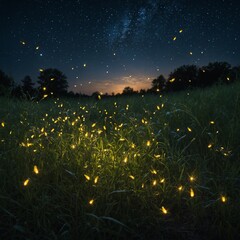 A fantasy meadow lit by glowing fireflies and flowers. A Field of Glowing Fireflies Under a Starry Night Sky Nighttime Forest with a Field of Fireflies Glowing Under a Starry Sky