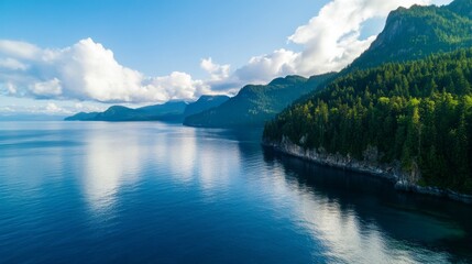 Fototapeta premium Coastal Aerial View Serene ocean reflecting mountains, lush forest, and fluffy clouds; ideal for travel brochures