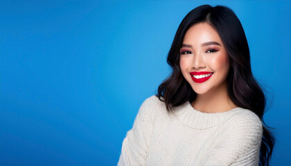 Fototapeta premium beautiful young woman happy on blue background