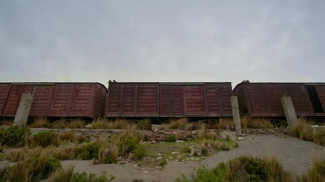 Time lapse of Abandoned wagon at the train station in the town of Sumbay, Arequipa city.