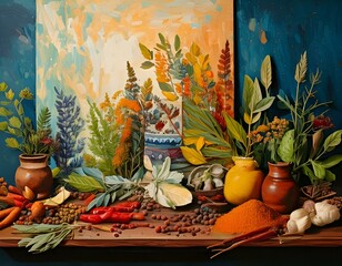 Fototapeta premium A set of traditional Nordic spices including dill, caraway and juniper berries