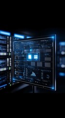 Fototapeta premium AI-driven IT analysis hub, futuristic server racks, glowing statistical charts, swirling data visualization, cyberpunk tech aesthetic, silver and blue glow, high-tech and detailed design,