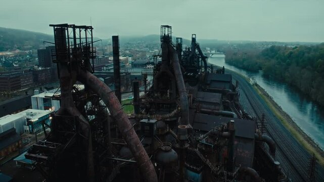 4K drone aerial footage flying over abandoned steel mill in Bethlehem, Pennsylvania on an overcast day.