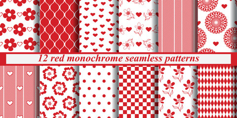 Vector set seamless red monochrome valentines patterns with hearts on a transparent background. For textiles, wallpaper and packaging.
