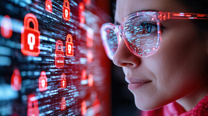 close up of professional analyzing digital security data, with reflections of red padlocks in glasses, conveying sense of focus and urgency in cybersecurity