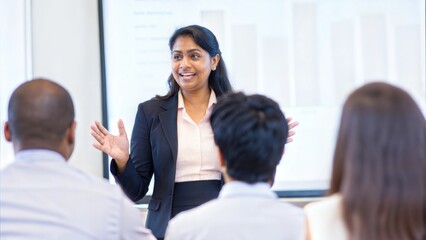 "Indian HR Professional Conducting Orientation"
An Indian HR manager addressing a group of new hires with a welcoming gesture.