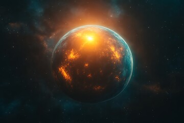 Obraz premium Fiery planet in space, sunlit.