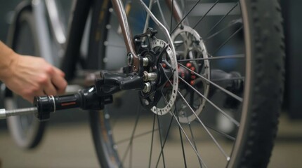 Obraz premium bicycle wheel being adjusted for alignment