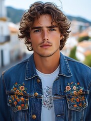 Handsome young man with curly hair, wearing a denim jacket.