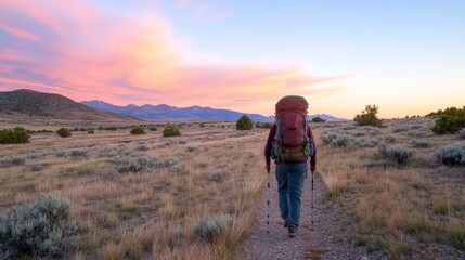 Naklejka premium Hiker trekking desert trail at sunset, mountains background, adventure travel