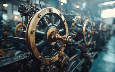Close-up of vintage industrial machinery in a factory.