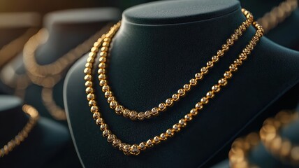 A close-up of elegant gold necklaces displayed on black mannequins, showcasing intricate designs and luxurious craftsmanship.
