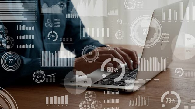 Businessman uses capable laptop computer to analyse business data analytic for marketing strategy and customer relationship management