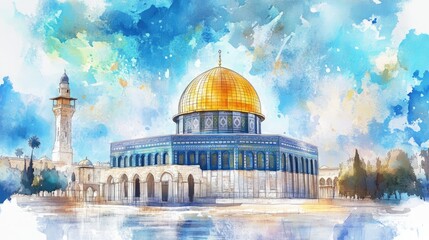 Hand-Drawn Dome of Rock Watercolor Art from Masjidil Aqsa Compound