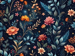 Fototapeta premium Dark charcoal floral wallpaper with a small, elegant flower design, creating a sophisticated seamless night photography pattern.