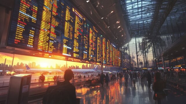 As sun rose over bustling New York airport, departure destination and arrivals board displayed a vibrant and colorful array of destinations, with flip scoreboard background creating a dynamic and ene 
