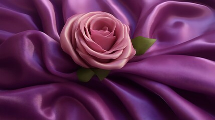 Pink Rose Resting on Purple Silk Fabric