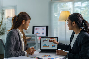 Two asian businesswomen are analyzing marketing data on a laptop, pointing at charts and graphs, discussing company performance and planning strategies in a modern office