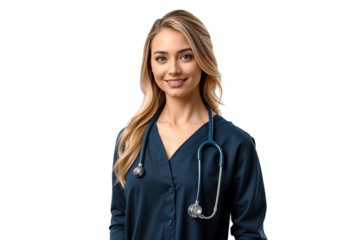Professional specialist doctor with stethoscope, beautiful woman, isolated on transparent background