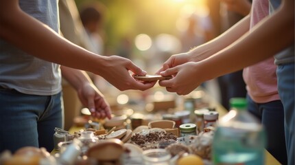 Hands exchanging cash for second-hand items at a rummage sale table, variety of goods displayed, warm sunlight, local and social vibe.