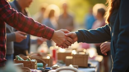 Hands exchanging cash for second-hand items at a rummage sale table, variety of goods displayed, warm sunlight, local and social vibe.