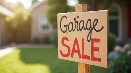 Handwritten garage sale sign on cardboard attached to a wooden post outdoors, under a bright sunny sky, with a casual and friendly atmosphere.