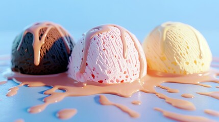 Three Melting Ice Cream Scoops with Chocolate, Strawberry, and Vanilla Flavors on a Colorful Surface Suitable for Summer and Dessert Themes