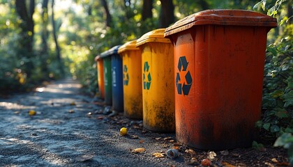 Naklejka premium Colorful recycle bins in sunny park path with forest background